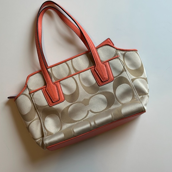 Coach satin with coral leather small handbag - Picture 2 of 5